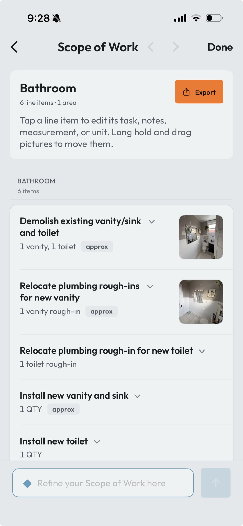 The scope editor in the RenoFriend app: a bathroom scope with its demolition and install line items
