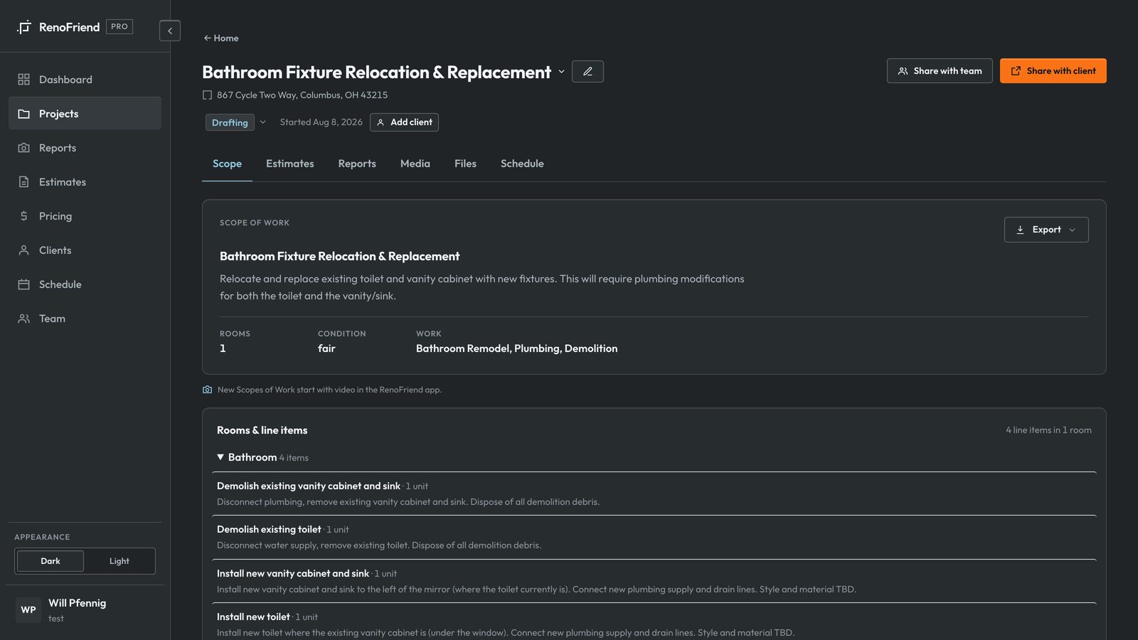 The same bathroom scope open in the RenoFriend Pro workspace: overview, rooms, and line items